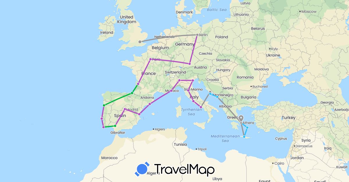 TravelMap itinerary: driving, bus, plane, train, boat in Germany, Spain, France, United Kingdom, Greece, Croatia, Italy, Portugal (Europe)